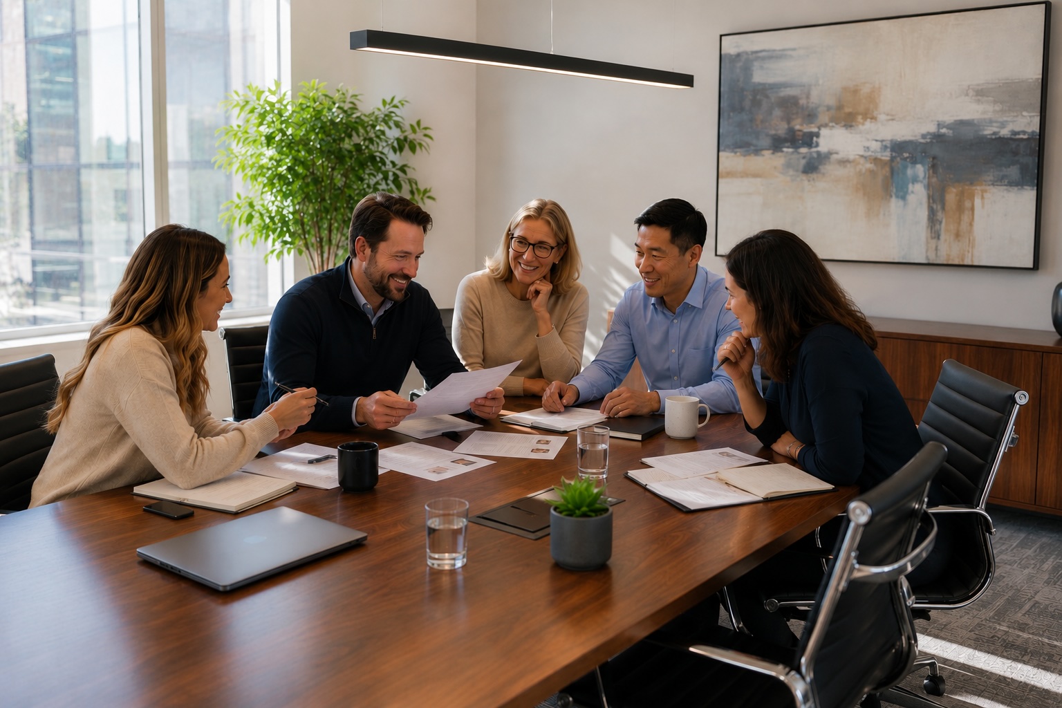 Pharma team in boardroom discussion