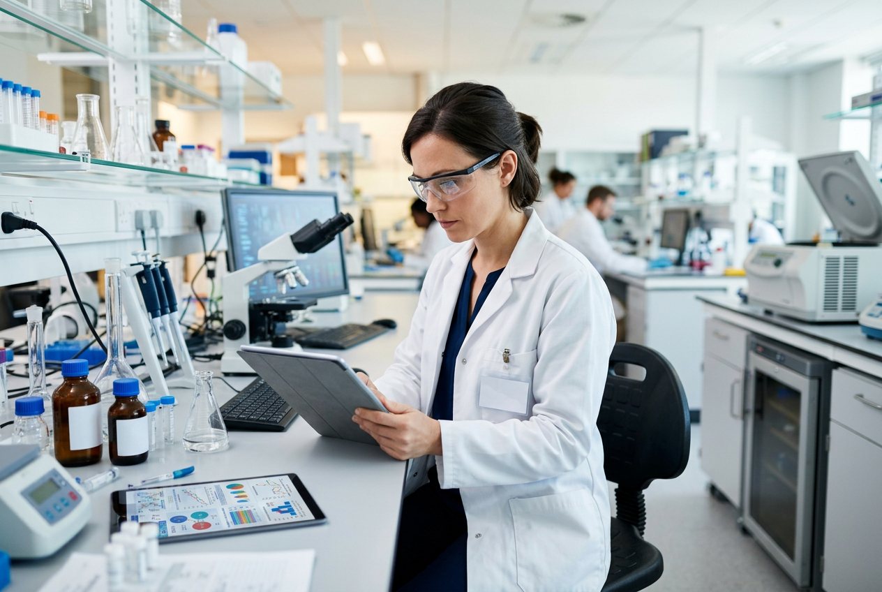 Research scientist reviewing clinical trial data in a laboratory